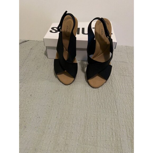 Clark’s Collection Wedge Sandals Womens Size 7 1/2 W Black Leather Cork Heel Sli - Picture 1 of 7